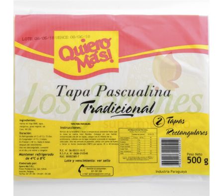 TAPA PASCUALINA RECTANGULAR 25 X 32CM QUIERO MAS